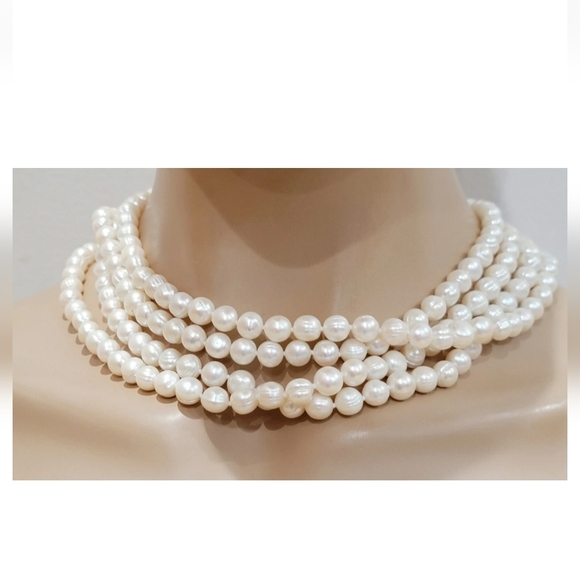 Freshwater Pearl Collar Necklace Yellow Gold 4 Strand 20'' - Picture 2 of 8